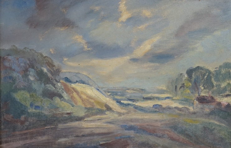 M. Snowdon, oil on board, ‘Storm over Boxhill’, unsigned, Exhibition label verso, 18 x 28cm. Condition - good